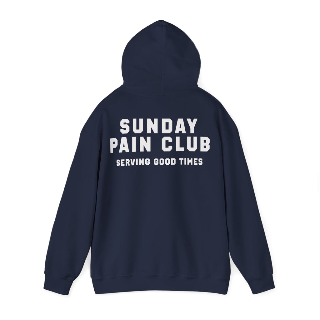 Sunday Pain Club Minimal Hoodie Navy – Cycling Pullover Natureholix – Detailansicht des Prints